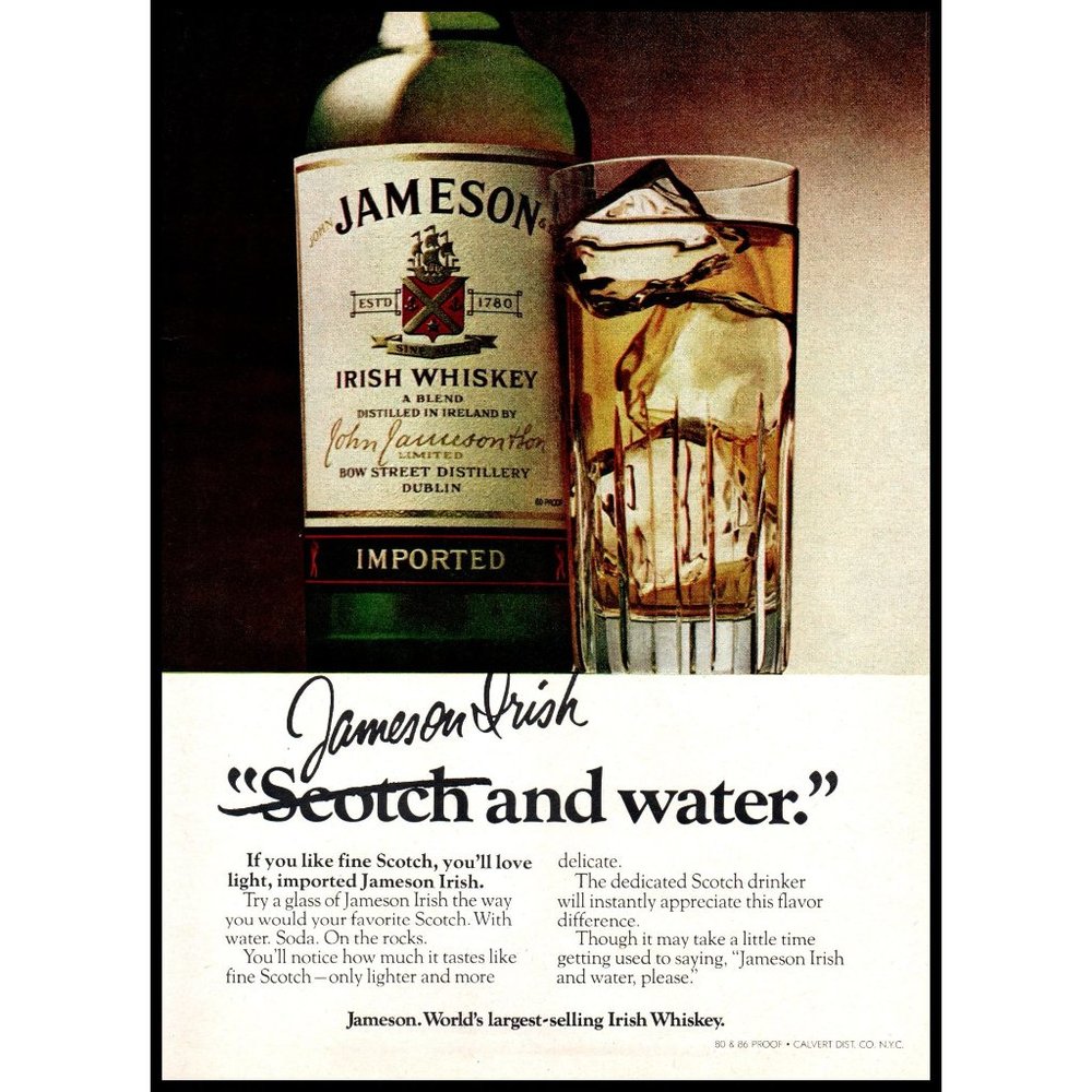 1978 Jameson Irish Whiskey Vintage Print Ad Green Bottle on the Rocks Wall Art